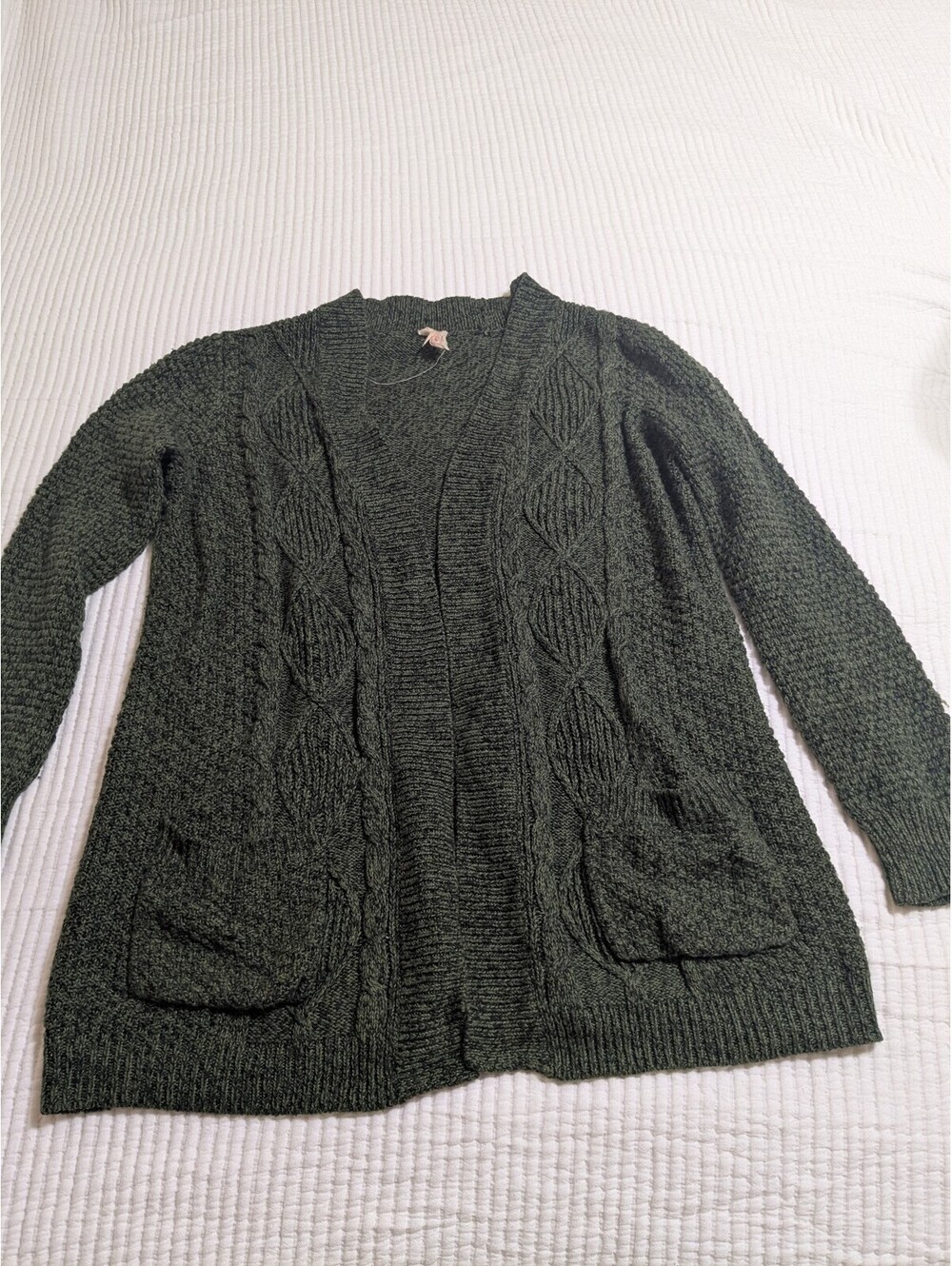 Olive green cable knit open cardigan